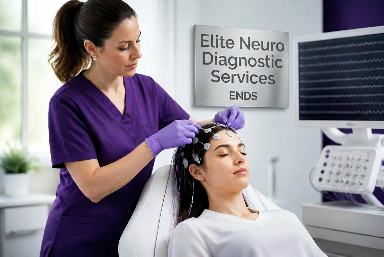 Registered EEG technologist placing electrodes on a patient in a modern clinical setting
